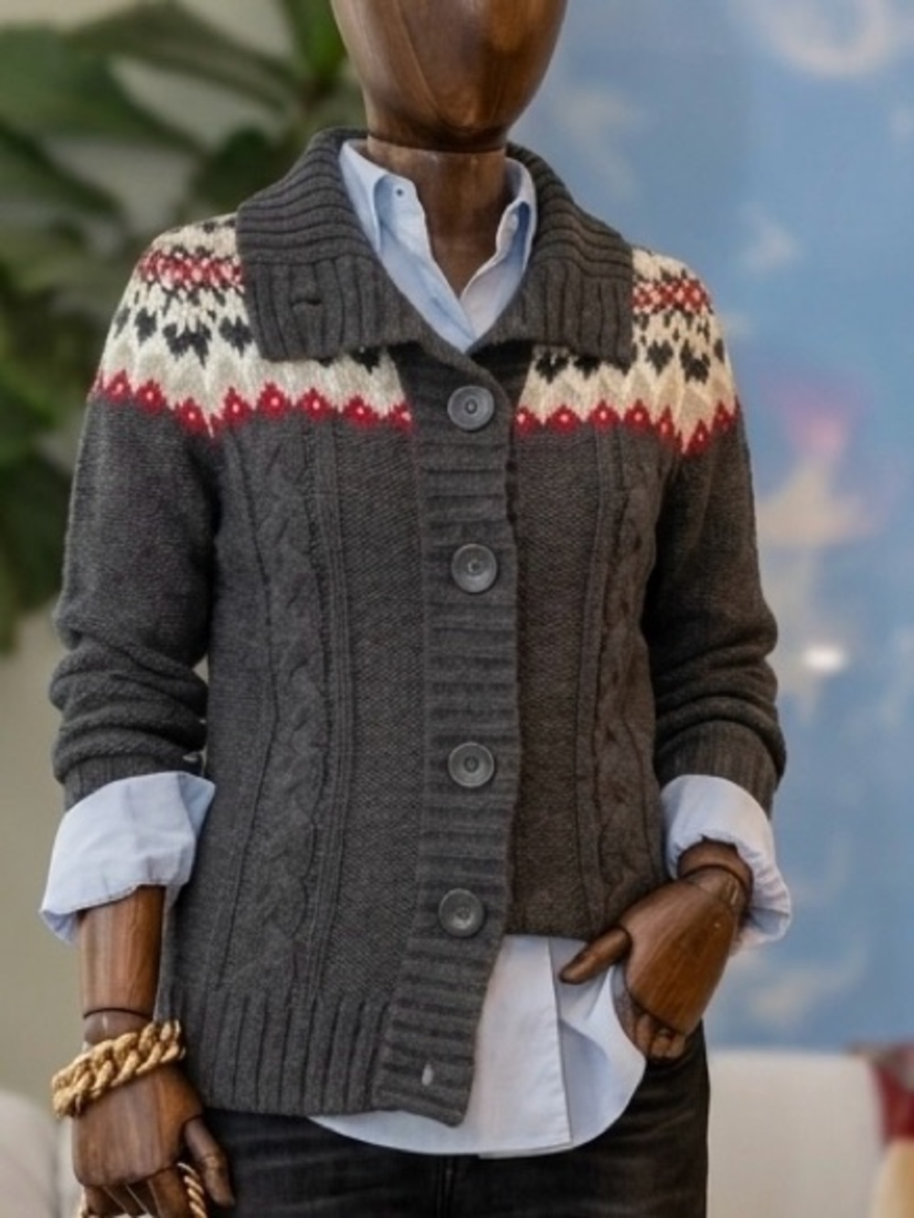 Dressbarn Fair Isle Cable Knit Chunky Cardigan Sweater - Charcoal Gray & Red - S